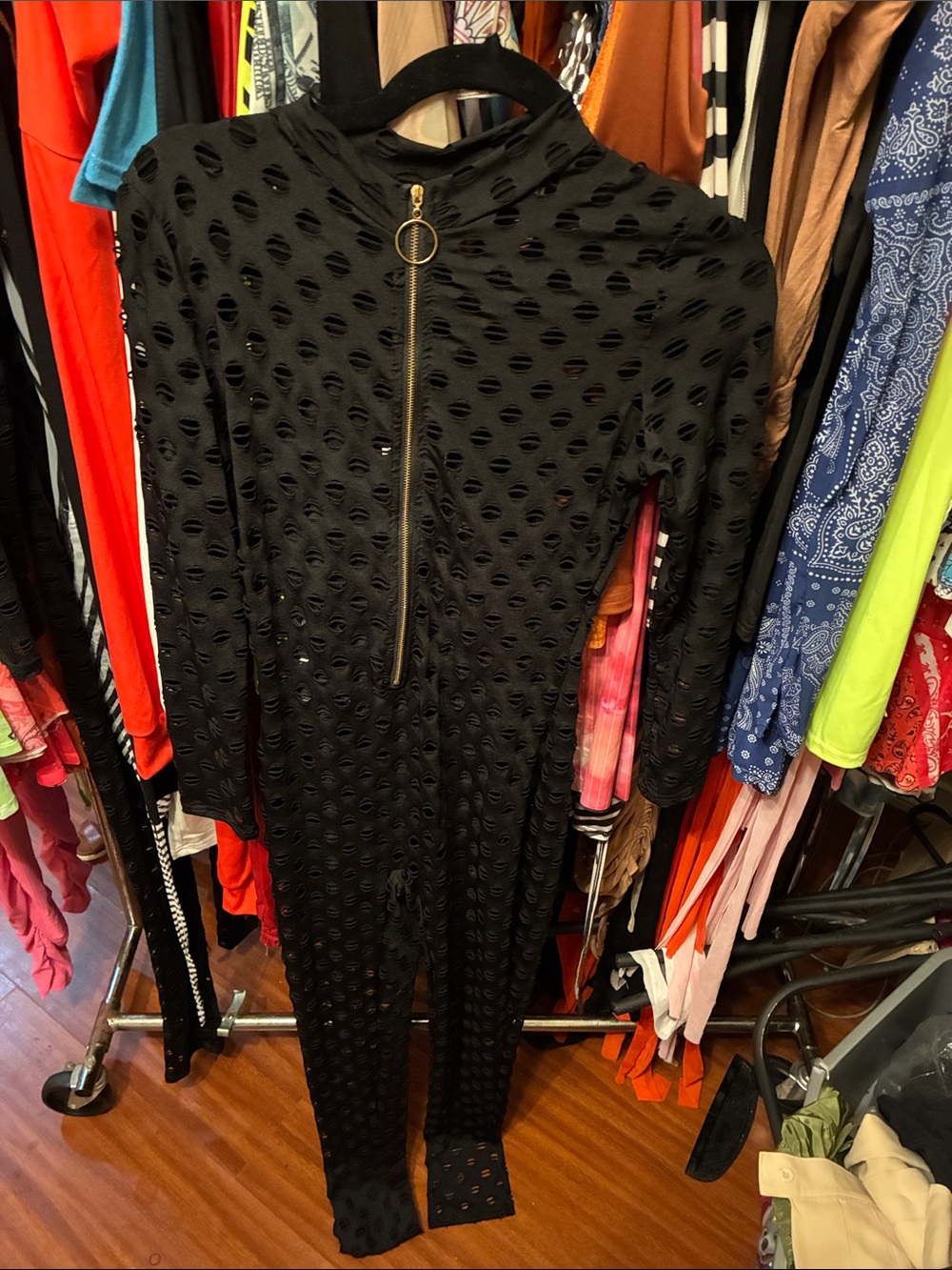 Black Textured Long-Sleeve Zip-Front Jumpsuit